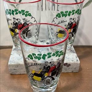3 VINTAGE MID CENTURY‎ LIBBEY CADILLAC ANTIQUE ROADSTER DRINKING GLASSES 1904